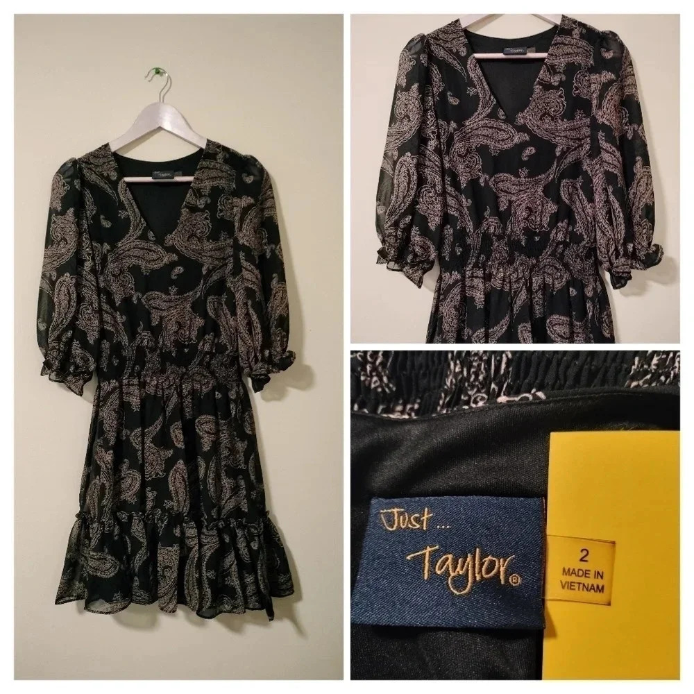 Taylor Womens Black Puff Sleeve Knee Blouson Fit & Flare Dress Sz 2